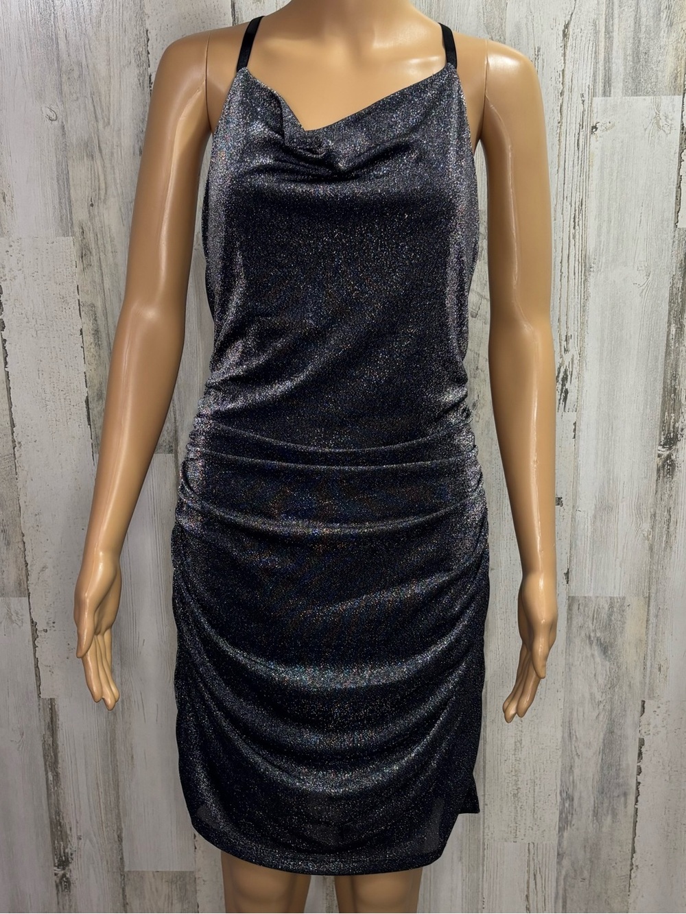 BCX Shimmery Black Cowl Neck Ruched Mini Dress‎